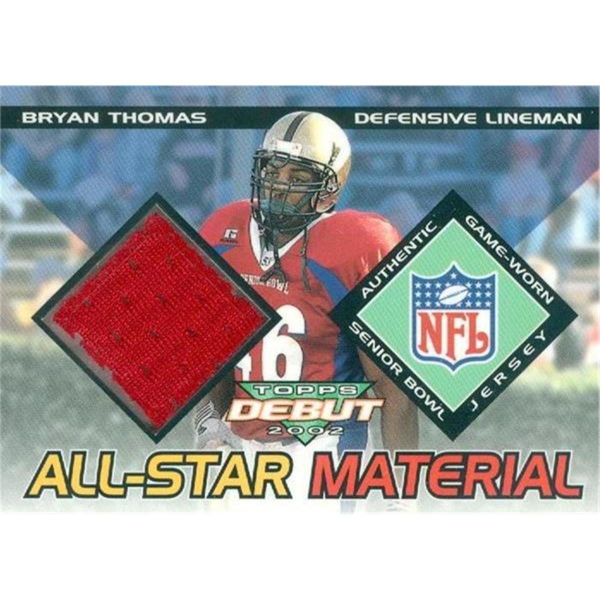 343155 Bryan Thomas Player Worn Jersey Patch Football Card - UAB 2002 Topps Debut No. AMBT Rookie