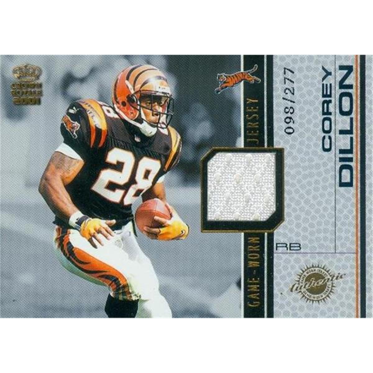 Picture of Autograph Warehouse 343180 Corey Dillon Player Worn Jersey Patch Football Card - Cincinnati Bengals 2001 Pacific Crown Royale No. 4 LE 98 & 277
