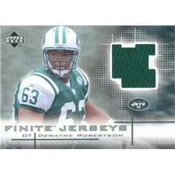 344937 DeWayne Robertson Player Worn Jersey Patch Football Card - New York Jets 2003 Upper Deck No. FJDRO Rookie