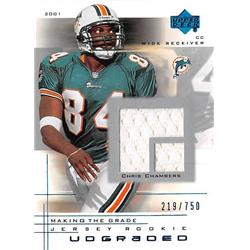 345041 Chris Chambers Player Worn Jersey Patch Football Card - Miami Dolphins 2001 Upper Deck Rookie Premiere No. 65