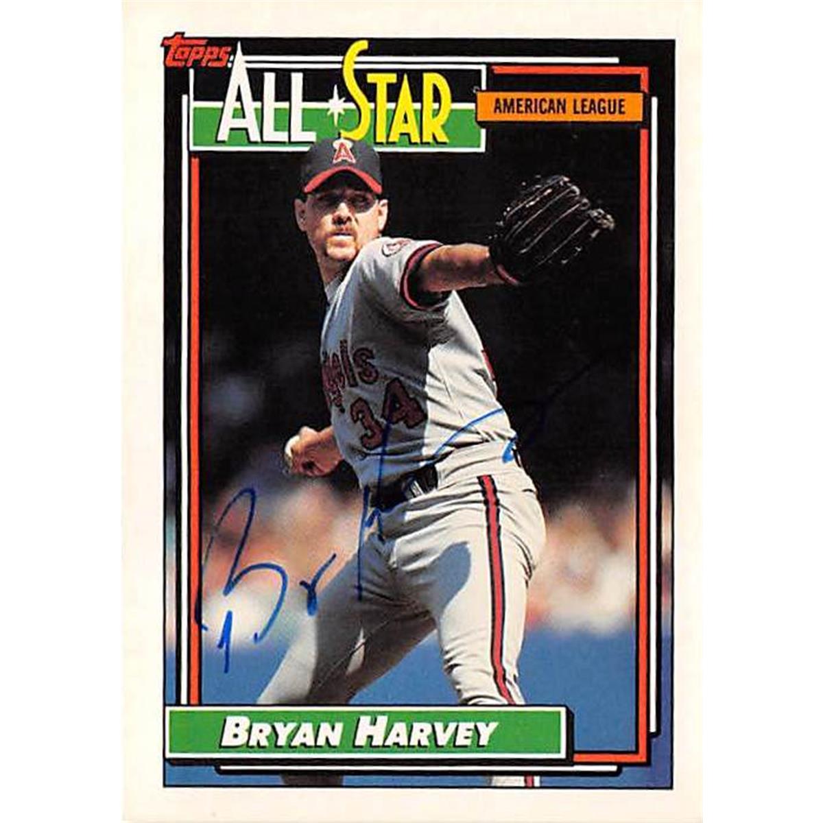 365875 Bryan Harvey Autographed Baseball Card - 1992 Topps No. 407 All Star