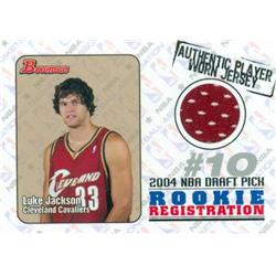 Picture of Autograph Warehouse 409122 Luke Jackson Player Worn Jersey Patch Basketball Card - Cleveland Cavaliers 2004 Bowman Rookie Sensations Draft Pick No.RORLJ