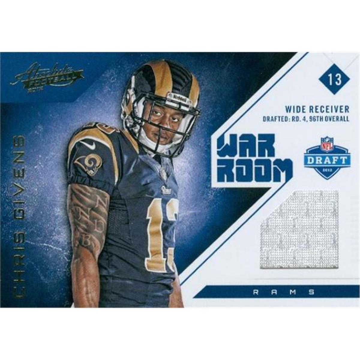 Picture of Autograph Warehouse 409305 Chris Givens Player Worn Jersey Patch Football Card - St. Louis Rams 2012 Panini Absolute Draft War Room Rookie No.9