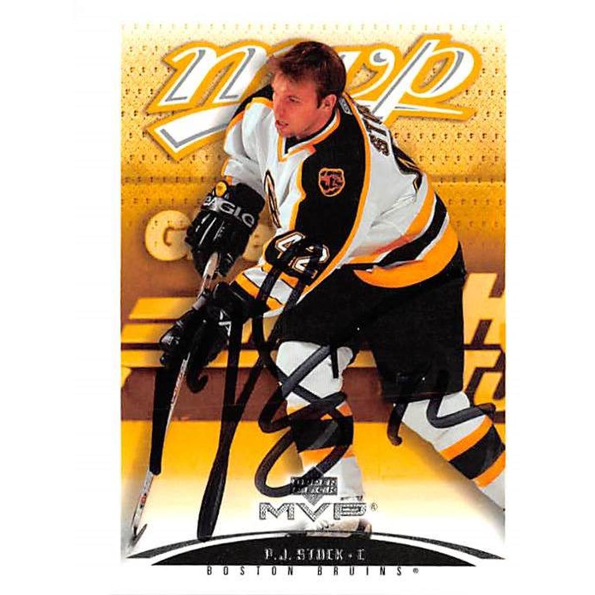 Picture of Autograph Warehouse 388103 P J Stock Autographed Hockey Card - Boston Bruins 2003 Upper Deck MVP No.44