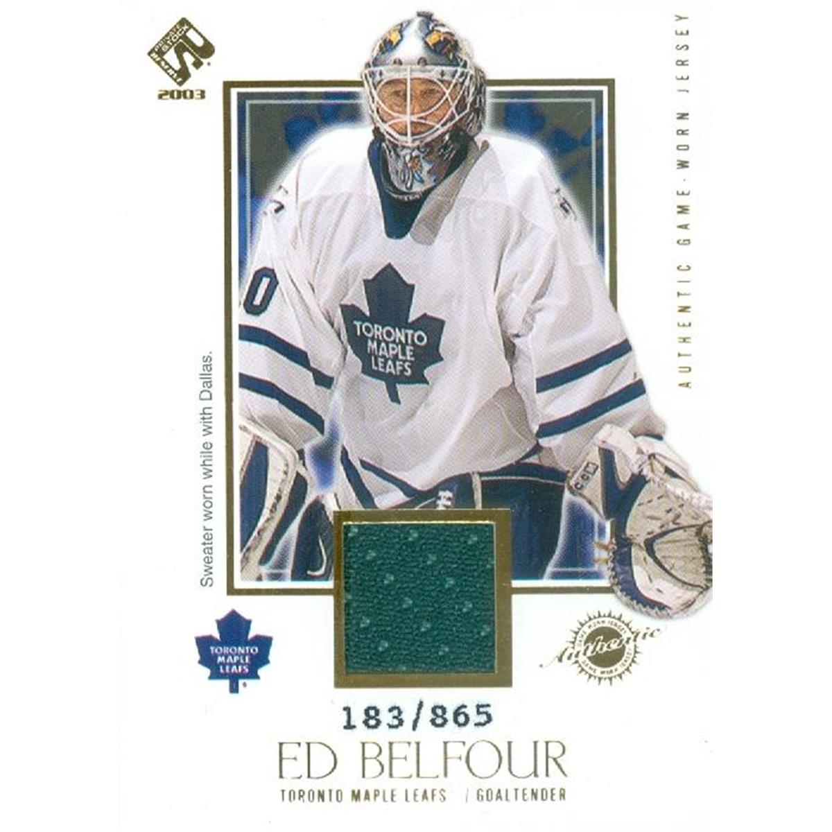 Picture of Autograph Warehouse 365388 Ed Belfour Player Worn jersey Patch Hockey Card - Toronto Maple Leafs 2003 Pacific Private Stock No.145 LE 145-865
