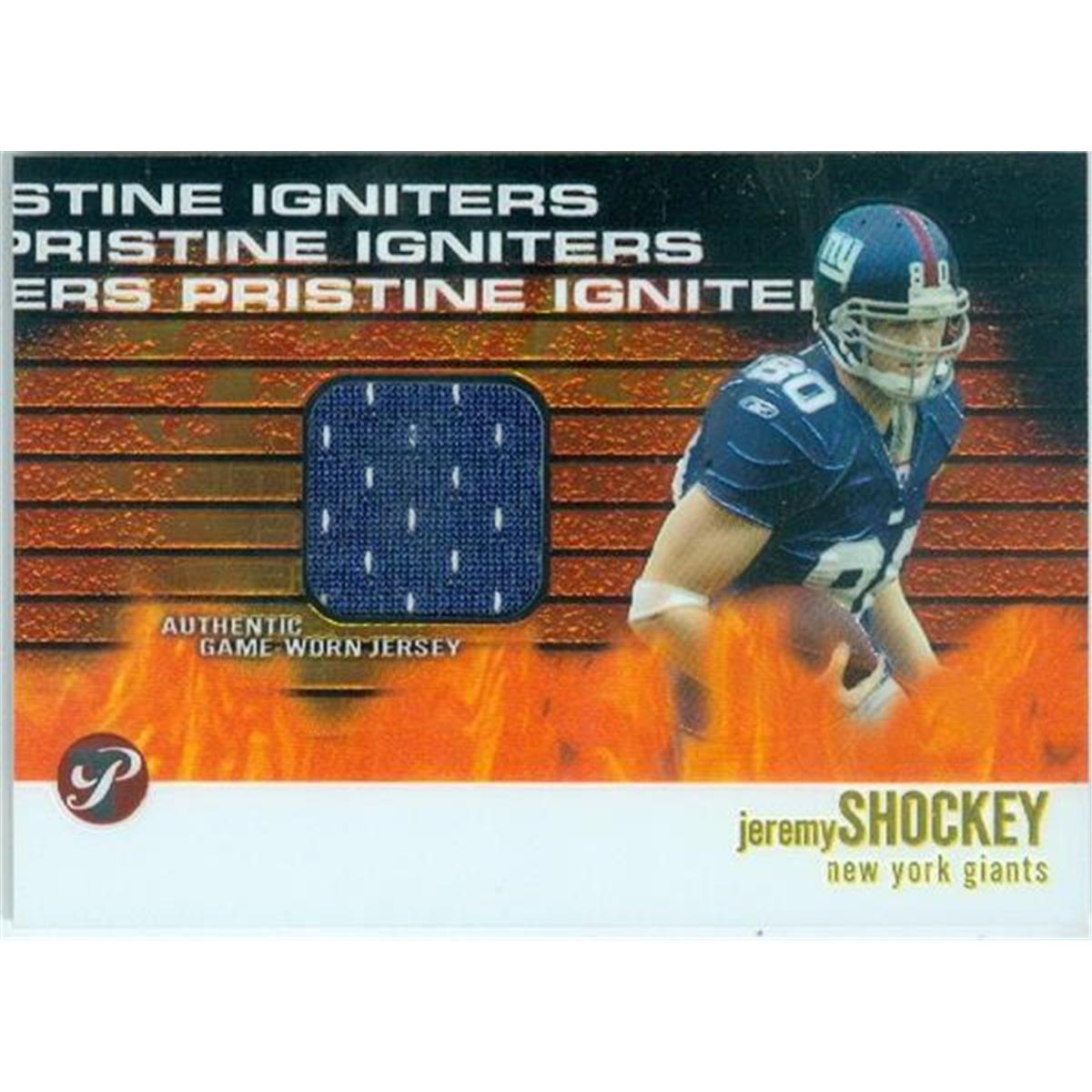 Picture of Autograph Warehouse 365397 Jeremy Shockey Player Worn Jersey Patch Football Card - New York Giants 2003 Topps Pristine Igniters No.PIJS