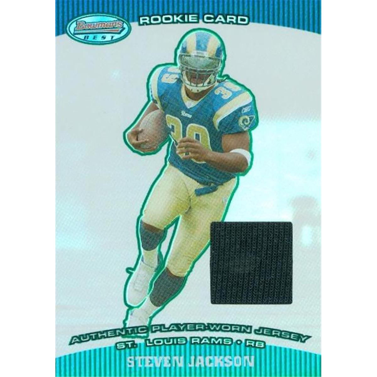 Picture of Autograph Warehouse 365406 Steven Jackson Player Worn Jersey Patch Football Card - St. Louis Rams 2004 Bowmans Best Rookie Refractor Green No.115 LE 337-499