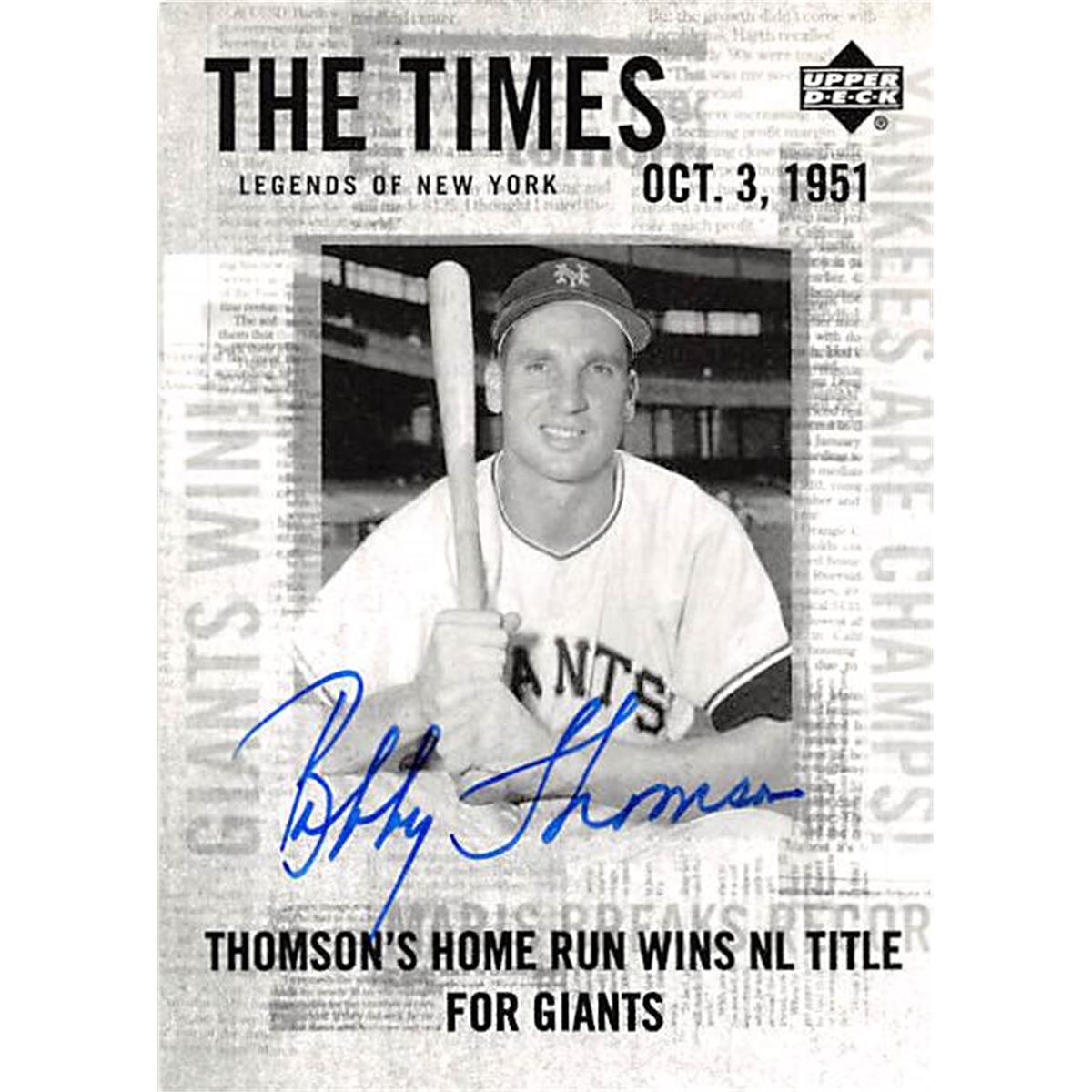 377856 Bobby Thomson Autographed Baseball Card - 2001 Upper Deck Legends the Times-182
