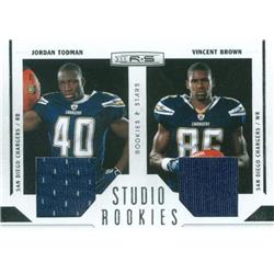 Picture of Autograph Warehouse 388377 Vincent Brown & Jordan Todman Player Worn Jersey Patch Football Card - San Diego Chargers 2011 Panini Studio Rookies No.3 LE 195-299