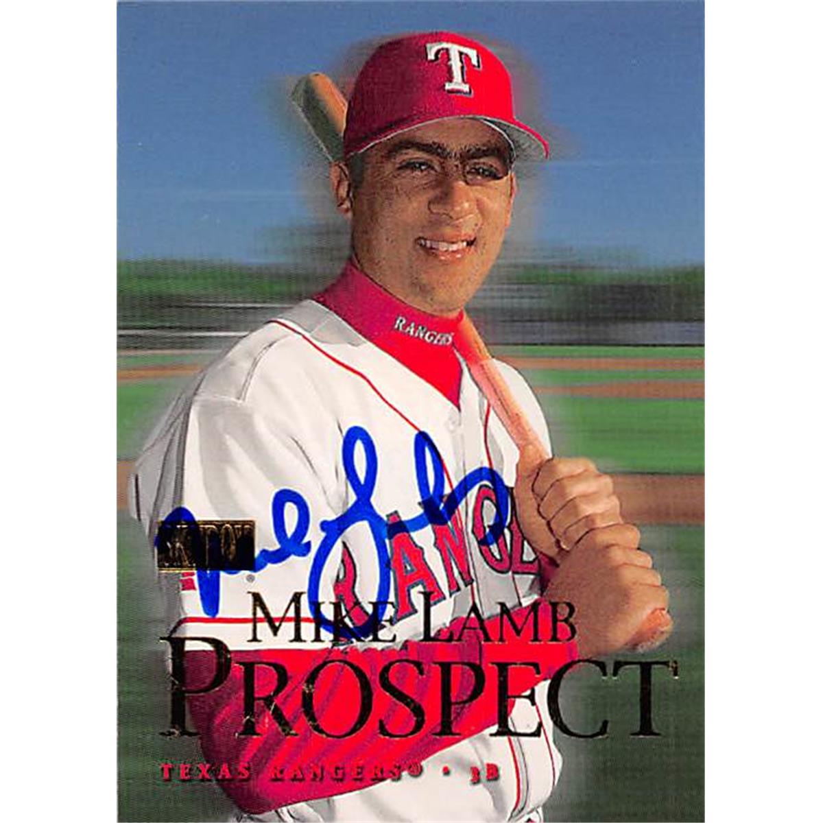 377834 Mike Lamb Autographed Baseball Card - Texas Rangers, SC 2000 Skybox Top Prospect No.239
