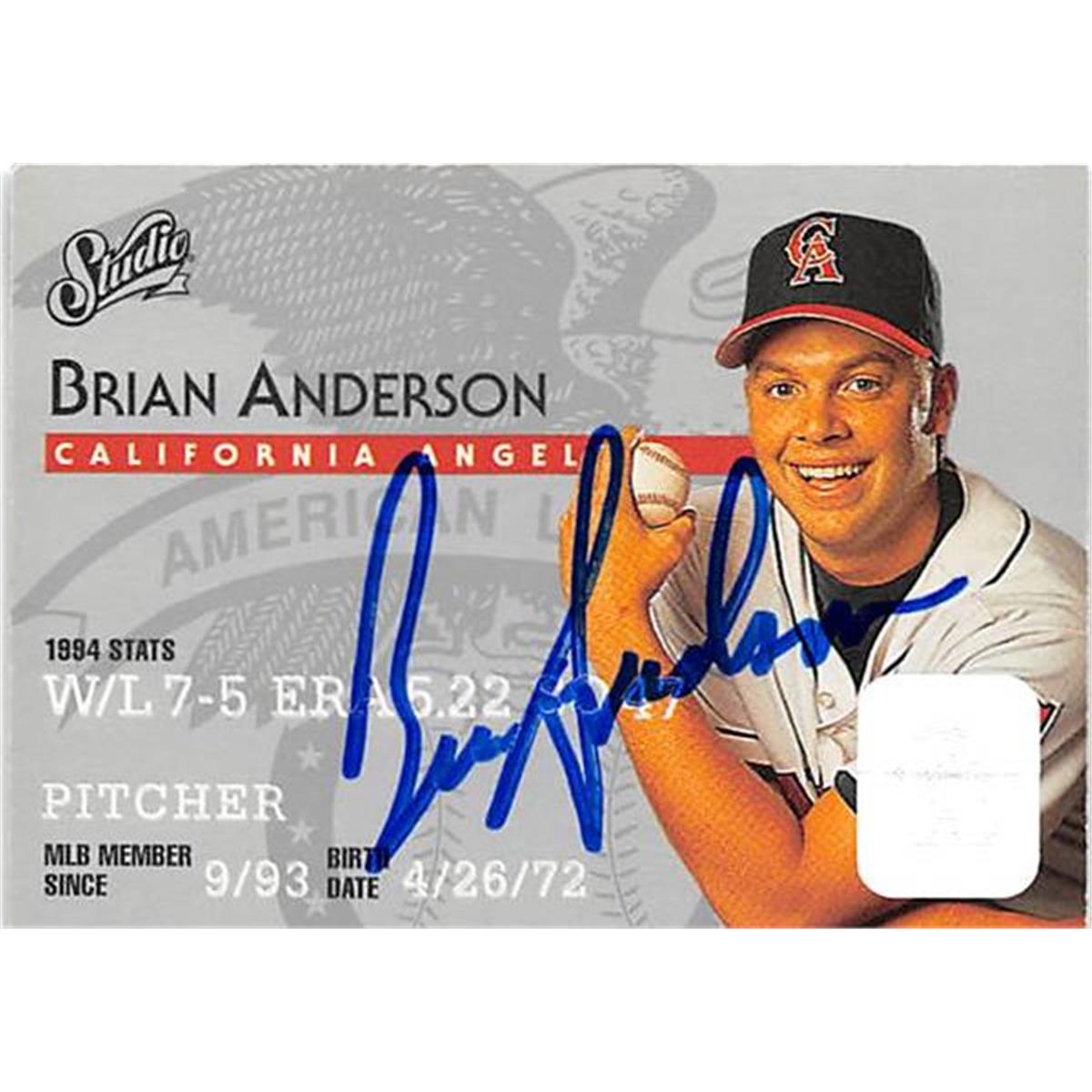 365491 Brian Anderson Autographed Baseball Card - 1995 Donruss Studio 55