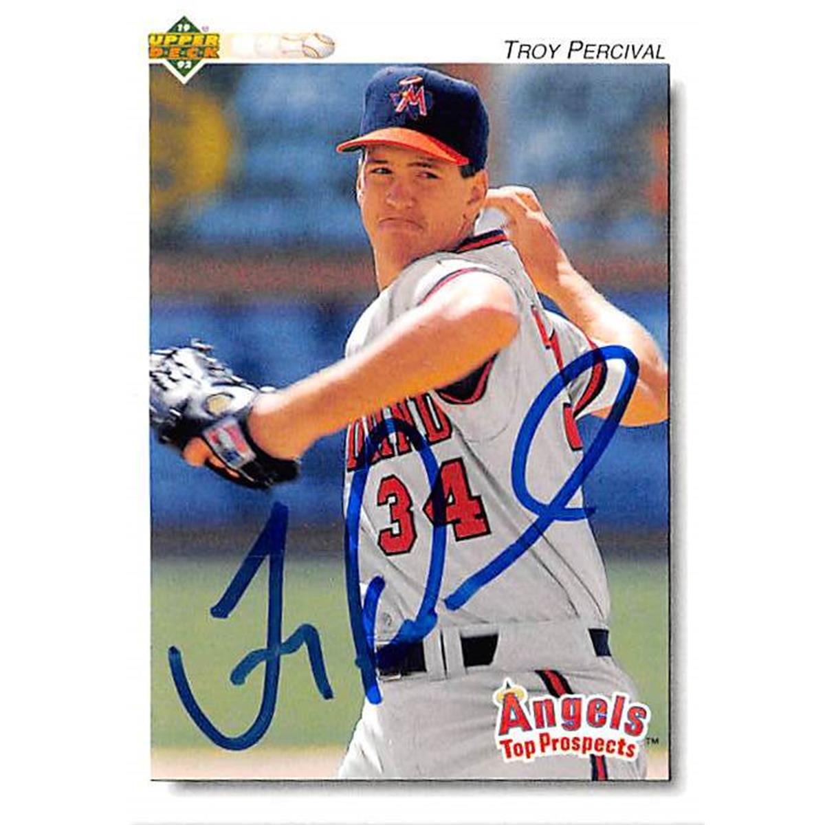 Picture of Autograph Warehouse 366154 Troy Percival Autographed Baseball Card - 1992 Upper Deck 134 Top Prospect