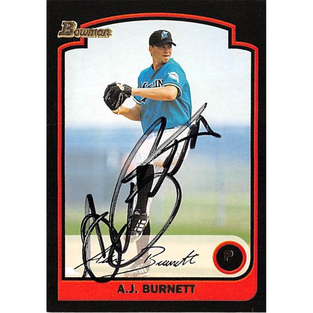 421071 A.J. Burnett Autographed Baseball Card Florida Marlins 2003 Topps Bowman No.114