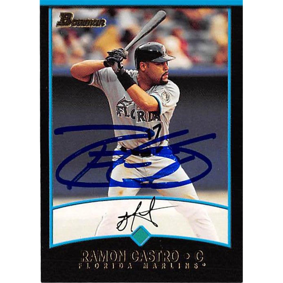 421159 Ramon Castro Autographed Baseball Card Florida Marlins 2001 Topps Bowman No.177