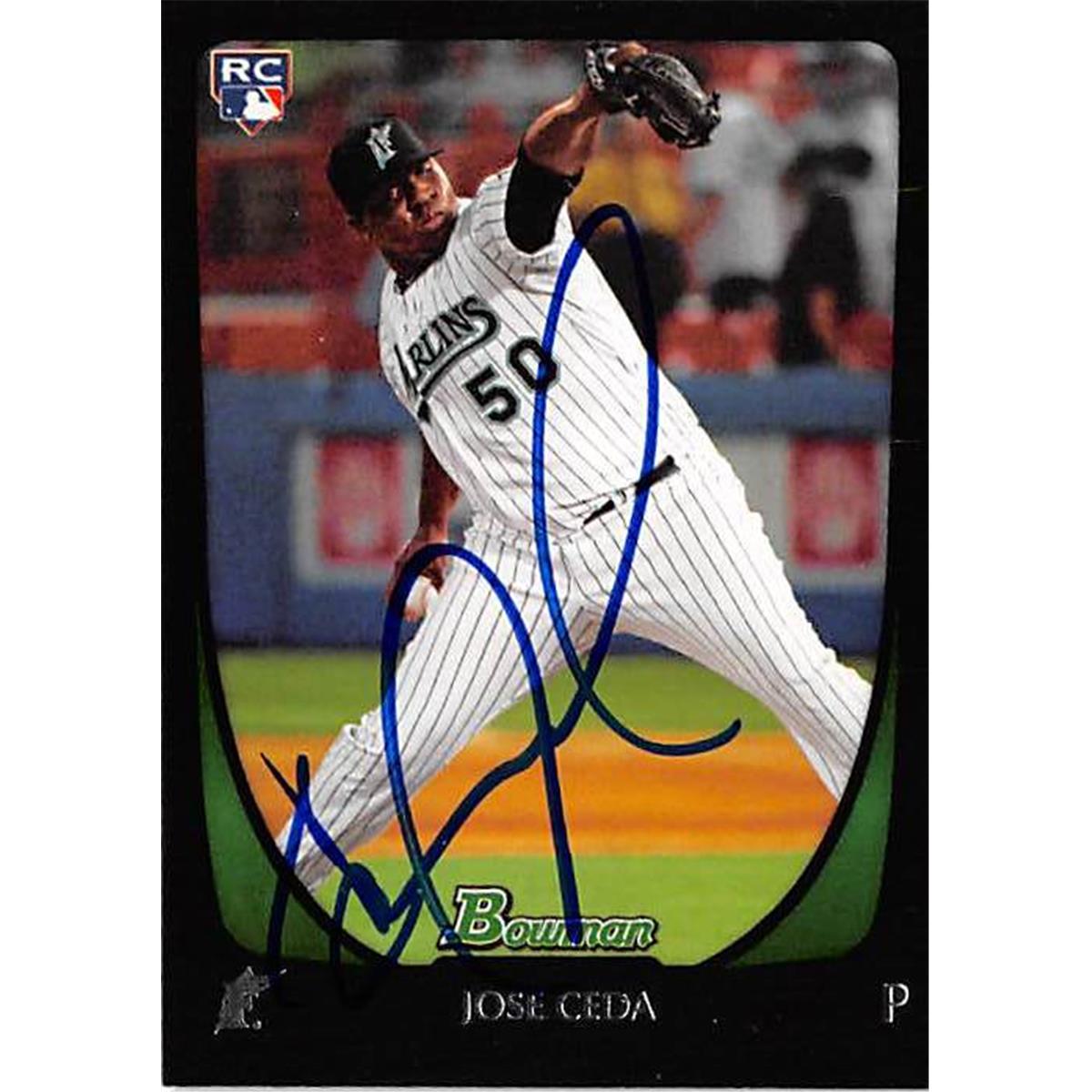 421203 Jose Ceda Autographed Baseball Card Florida Marlins FT 2011 Topps Bowman No.16 Rookie