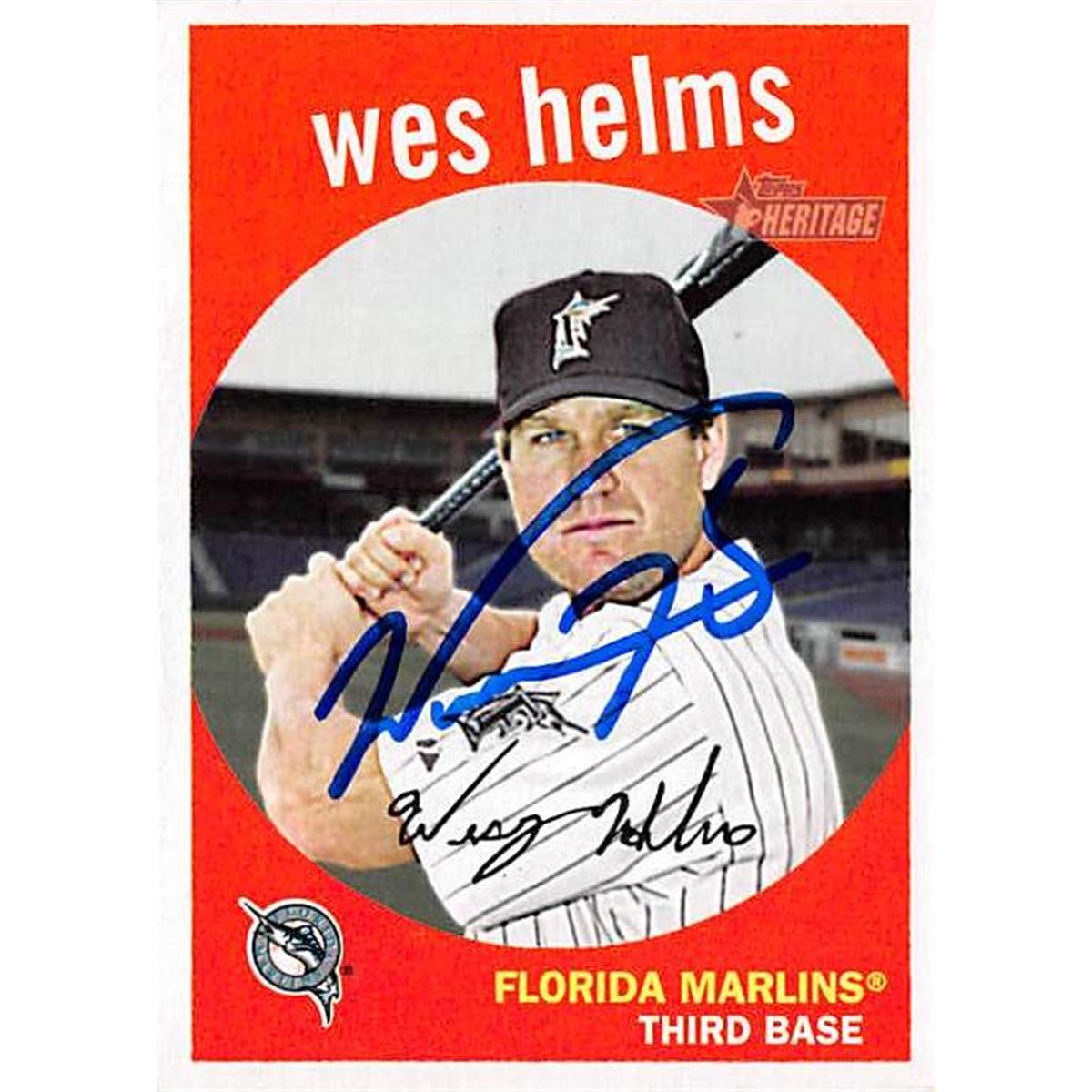421403 Wes Helms Autographed Baseball Card Florida Marlins 2008 Topps Heritage No.584