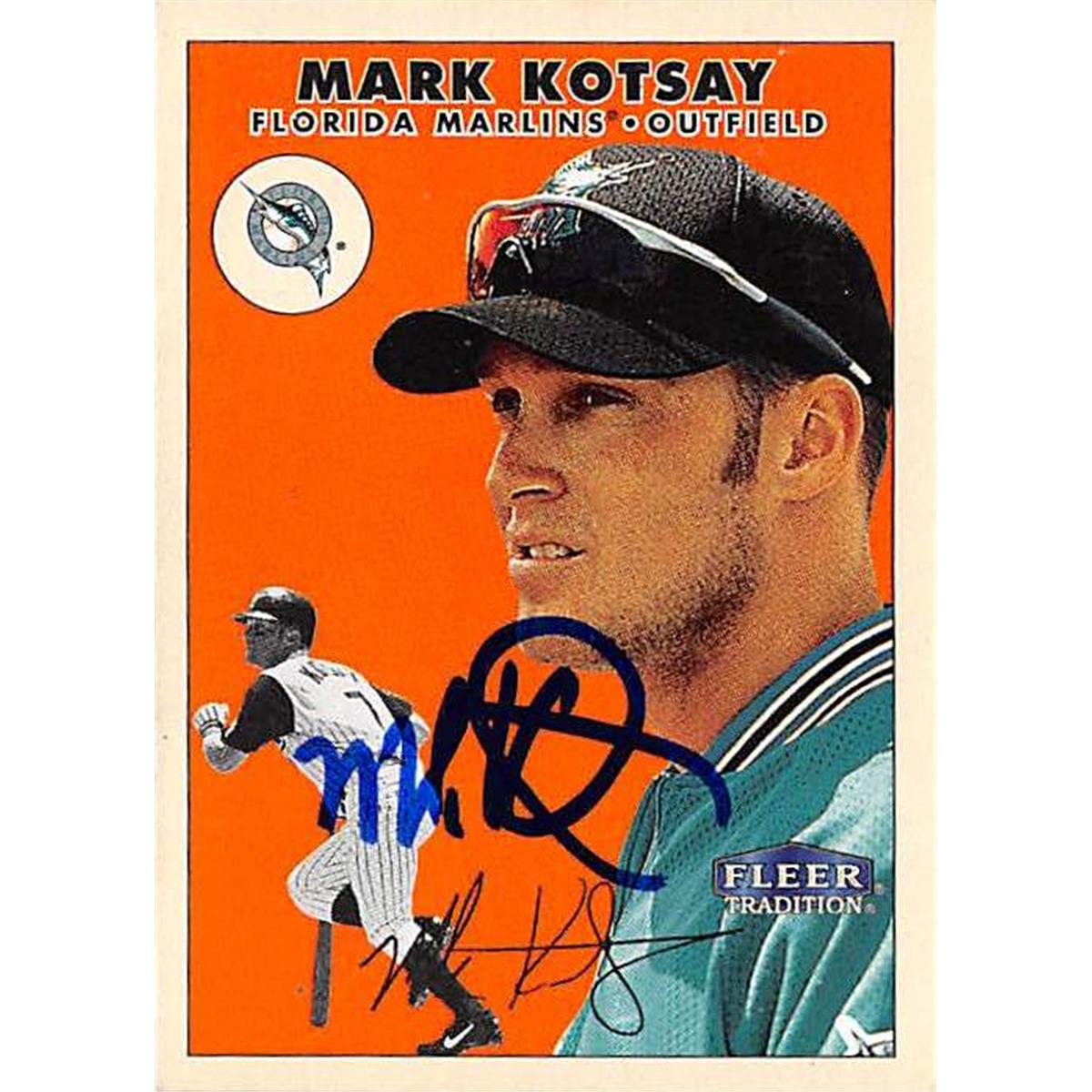 421458 Mark Kotsay Autographed Baseball Card Florida Marlins SC1 2000 Fleer Tradition No.98