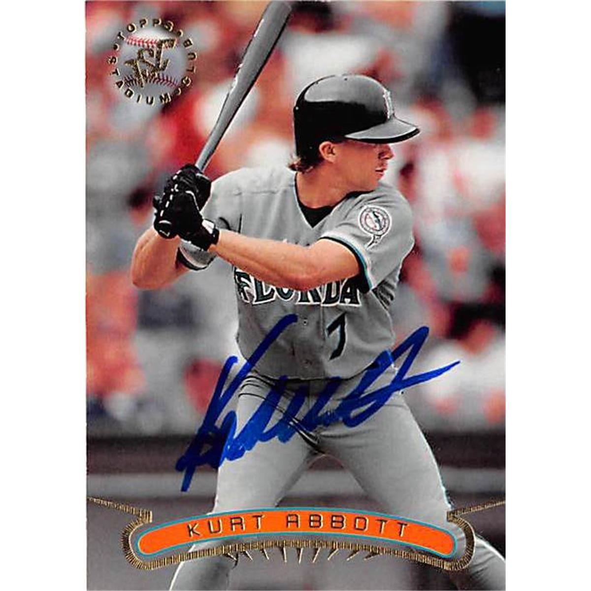 420996 Kurt Abbott Autographed Baseball Card Florida Marlins 1996 Topps Stadium Club No.351