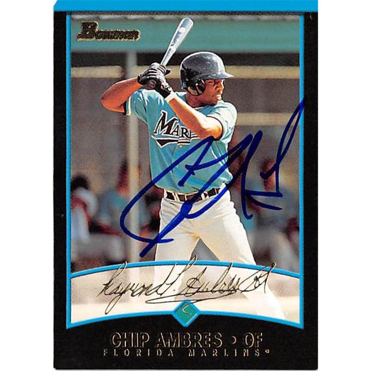 421023 Chip Ambres Autographed Baseball Card Florida Marlins FT 2001 Topps Bowman No.157