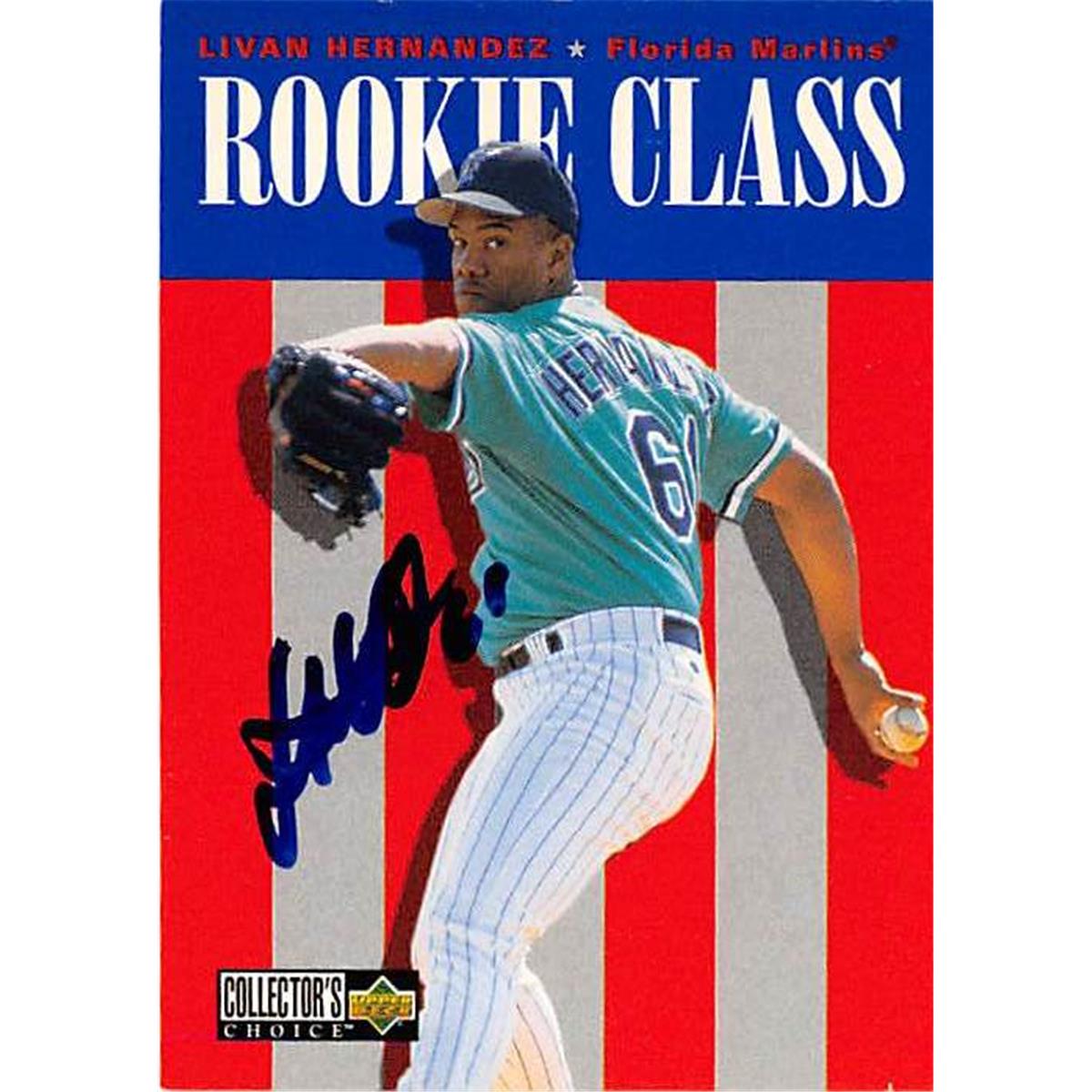 421345 Livan Hernandez Autographed Baseball Card Florida Marlins FT 1997 Upper Deck No.432 Rookie Class