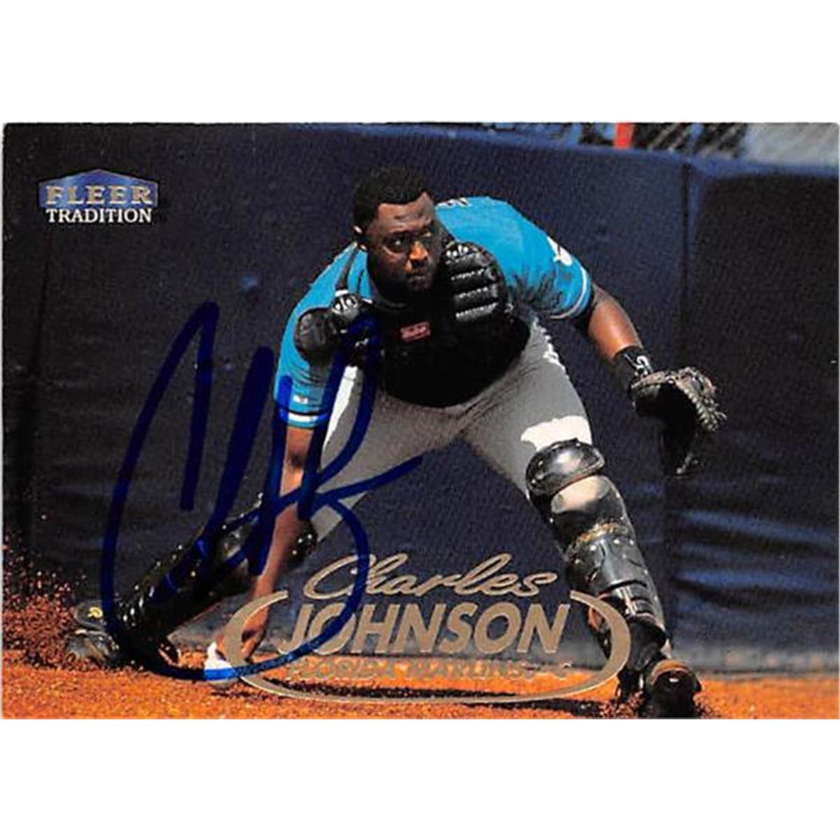421425 Charles Johnson Autographed Baseball Card Florida Marlins 1996 Fleer Tradition No.238