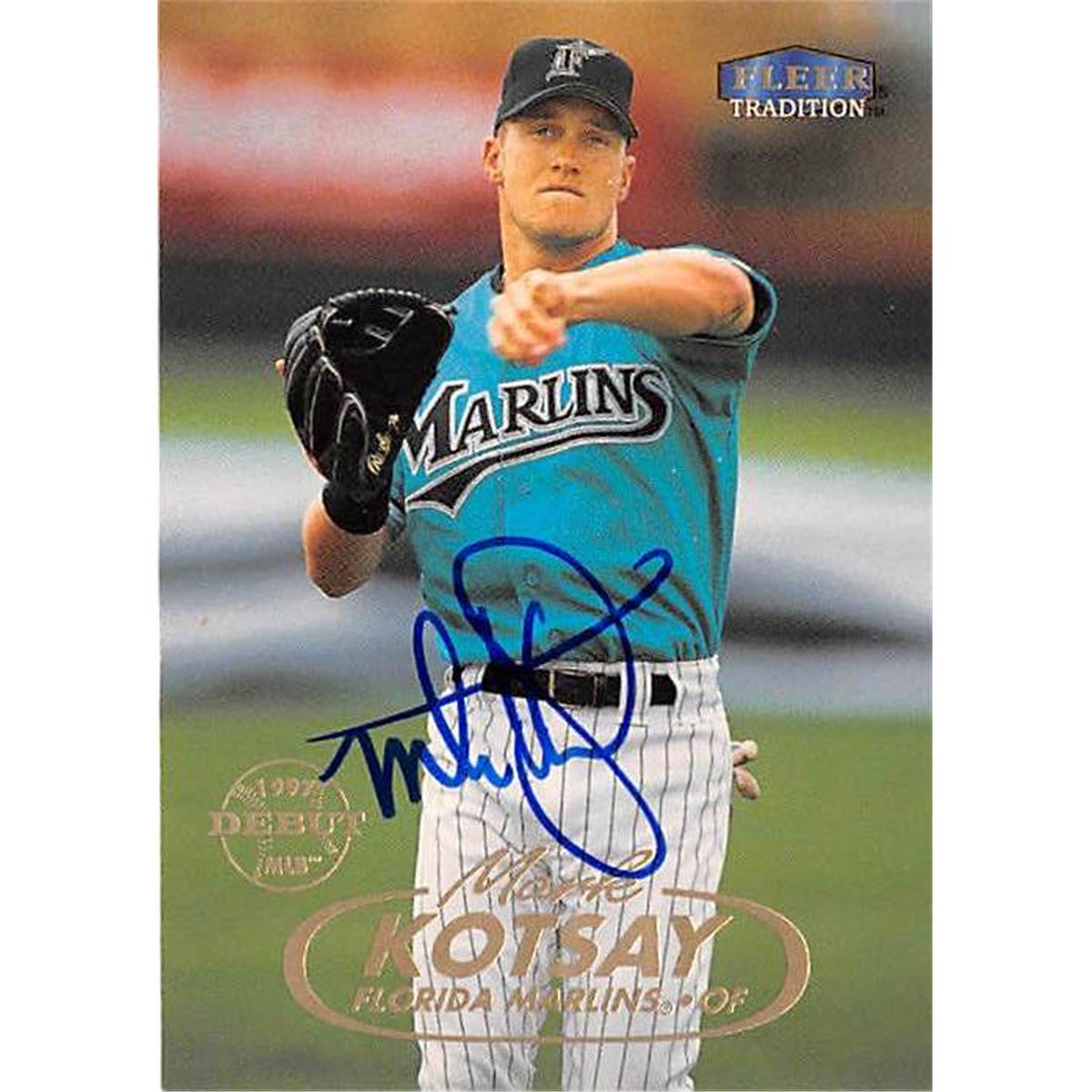 421457 Mark Kotsay Autographed Baseball Card Florida Marlins 1998 Fleer Tradition No.107 Debut