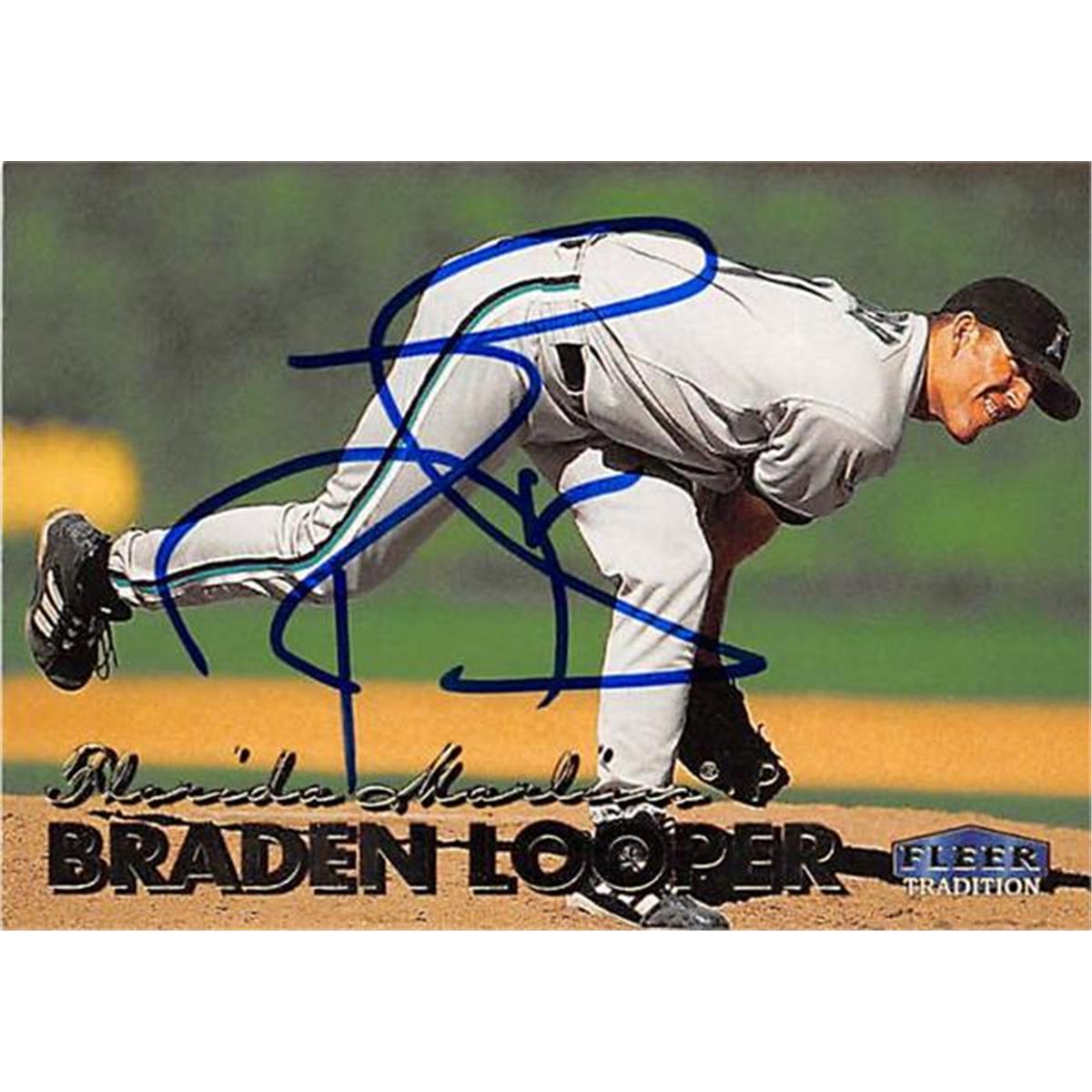 421492 Braden Looper Autographed Baseball Card Florida Marlins 1999 Fleer Tradition No.U48