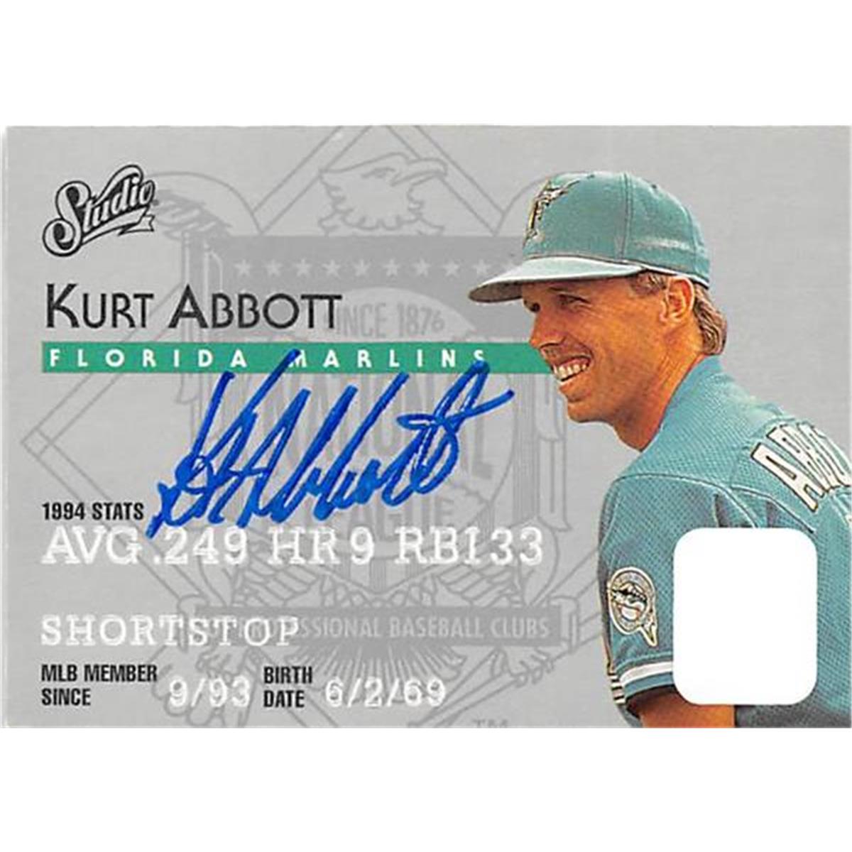 420990 Kurt Abbott Autographed Baseball Card Florida Marlins 1995 Donruss Studio No.81