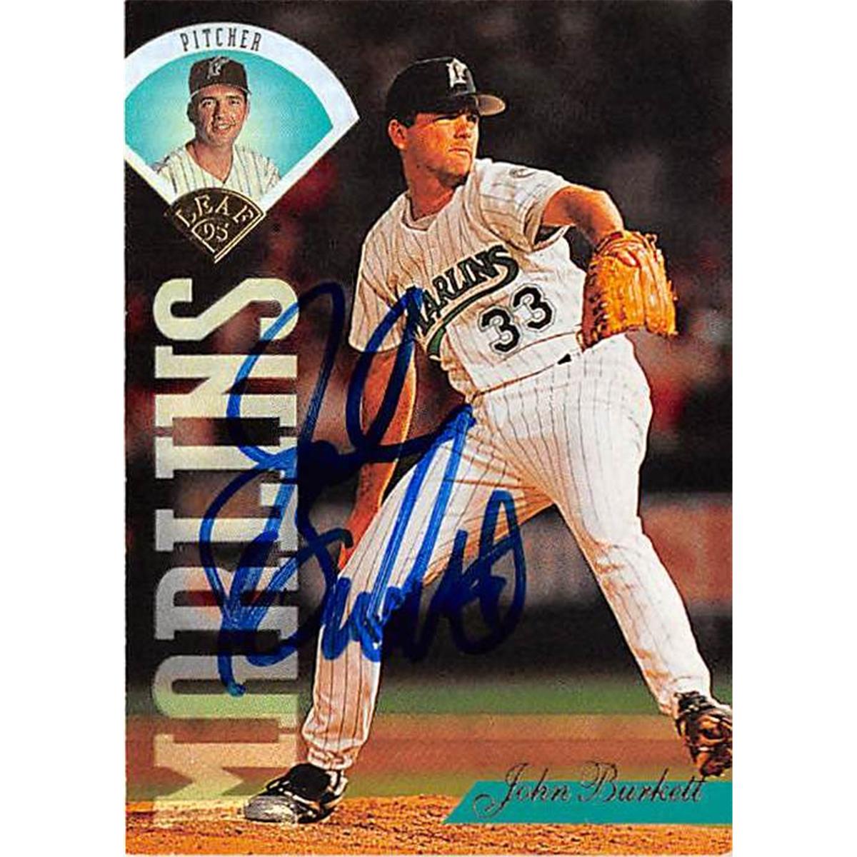 421087 John Burkett Autographed Baseball Card Florida Marlins 1995 Leaf No.357