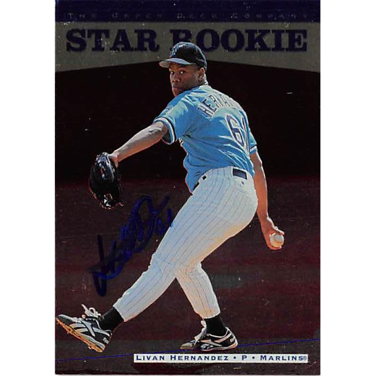 421349 Livan Hernandez Autographed Baseball Card Florida Marlins FT 1996 Upper Deck No.244 Star Rookie