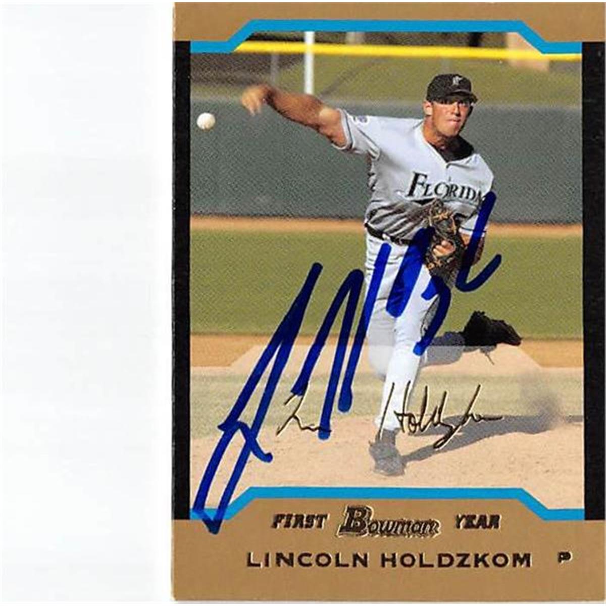 421359 Lincoln Holdzkom Autographed Baseball Card Florida Marlins 2004 Topps Bowman No.291 Gold