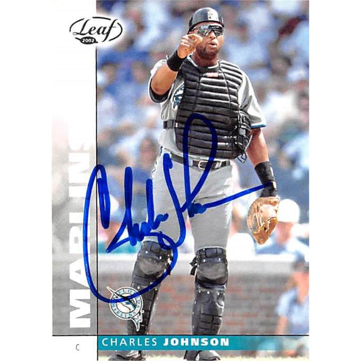 421418 Charles Johnson Autographed Baseball Card Florida Marlins 2002 Leaf No.115