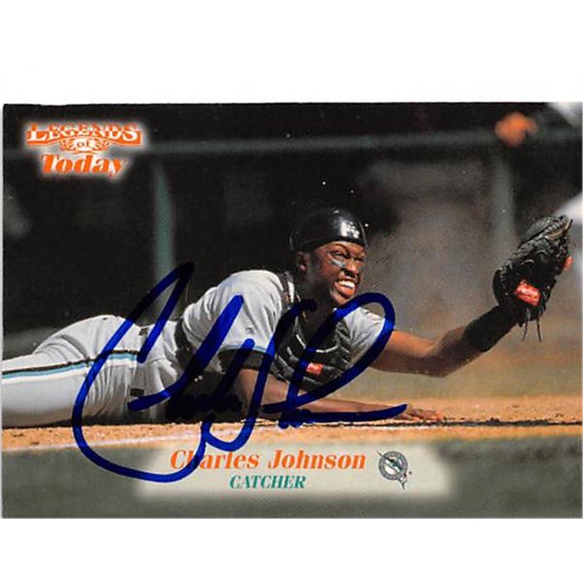 421420 Charles Johnson Autographed Baseball Card Florida Marlins 1998 Fleer Legends of Today No.94