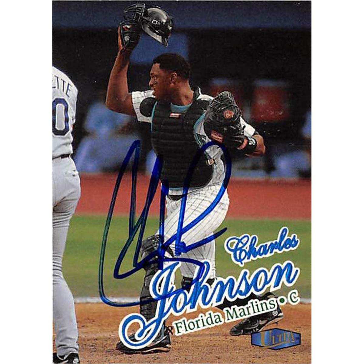 421430 Charles Johnson Autographed Baseball Card Florida Marlins SC 1996 Fleer Ultra No.60