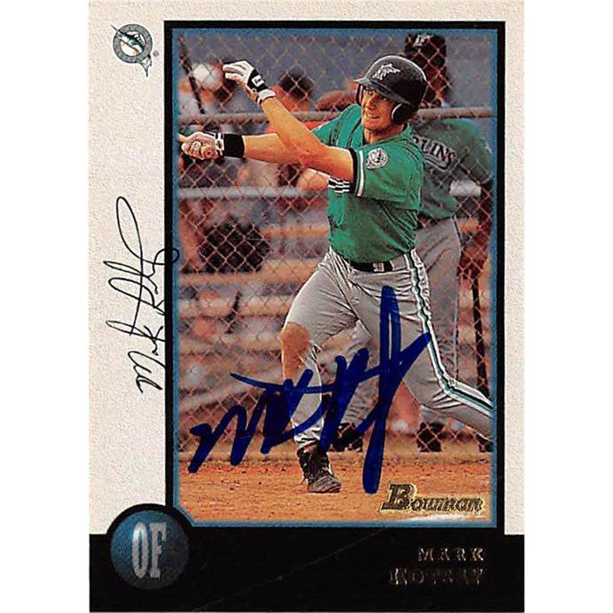 421437 Mark Kotsay Autographed Baseball Card Florida Marlins SC 1998 Topps Bowman No.218