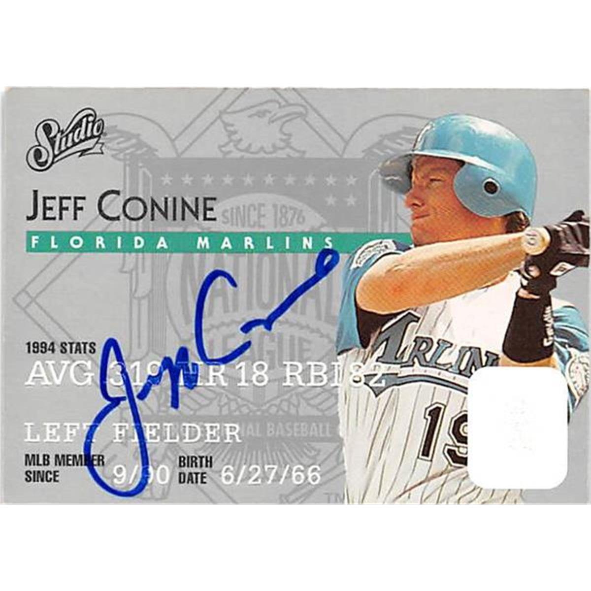421167 Jeff Conine Autographed Baseball Card Florida Marlins 1995 Donruss Studio No.135