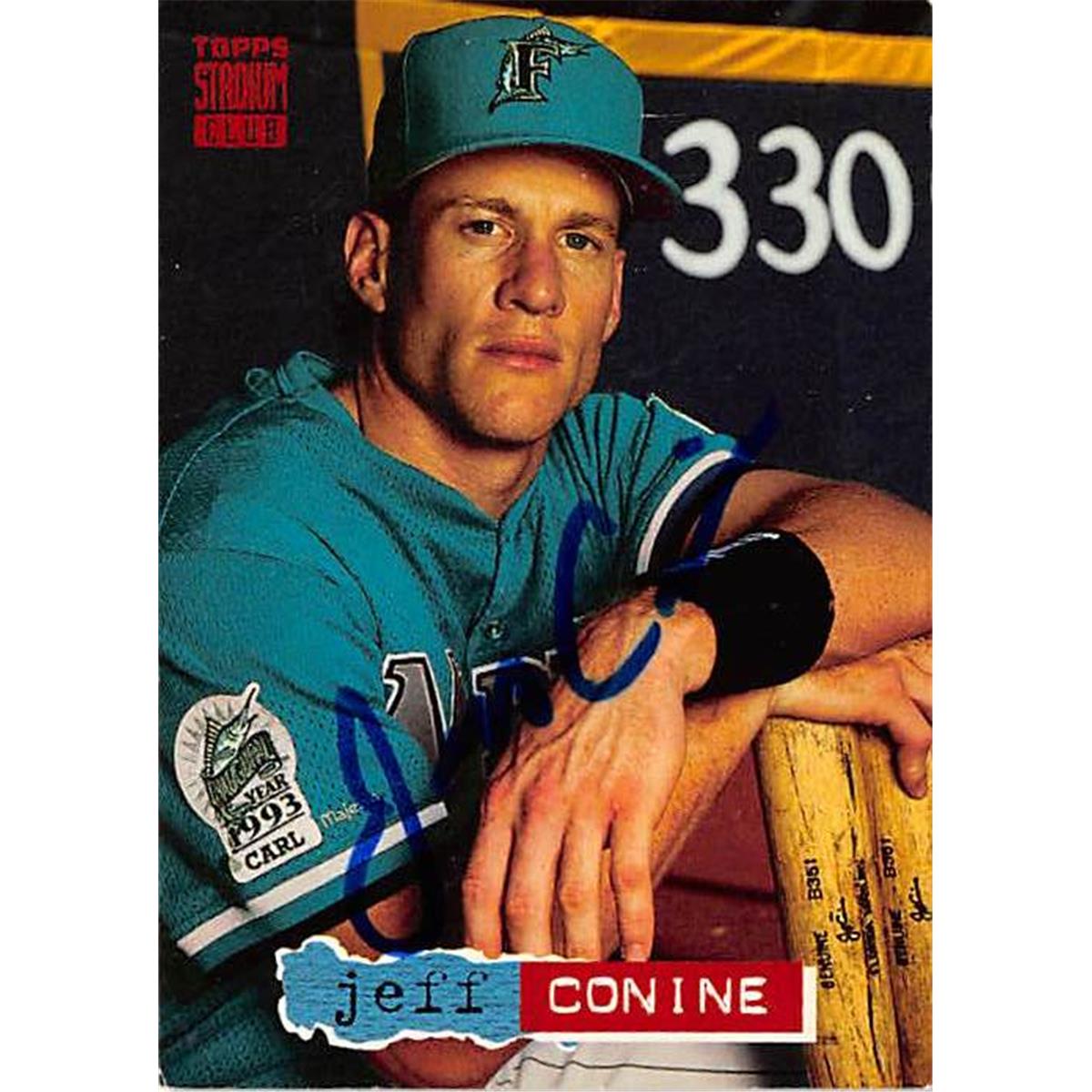 421168 Jeff Conine Autographed Baseball Card Florida Marlins 1994 Topps Stadium Club No.406