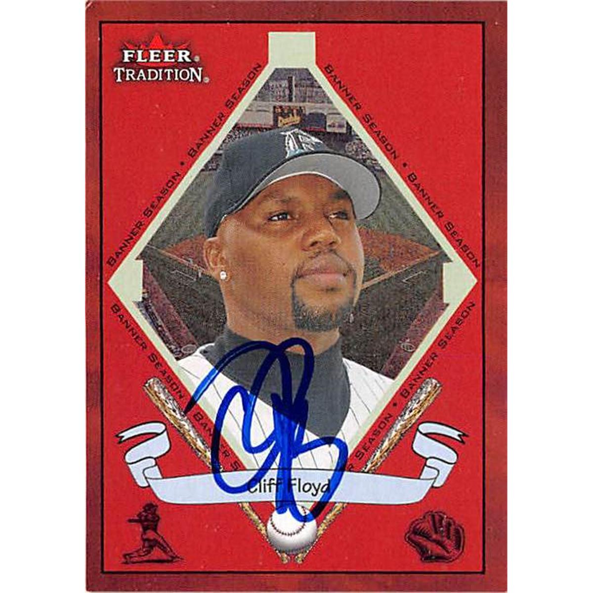 421277 Cliff Floyd Autographed Baseball Card Florida Marlins 2002 Fleer Tradition No.479 Banner Season