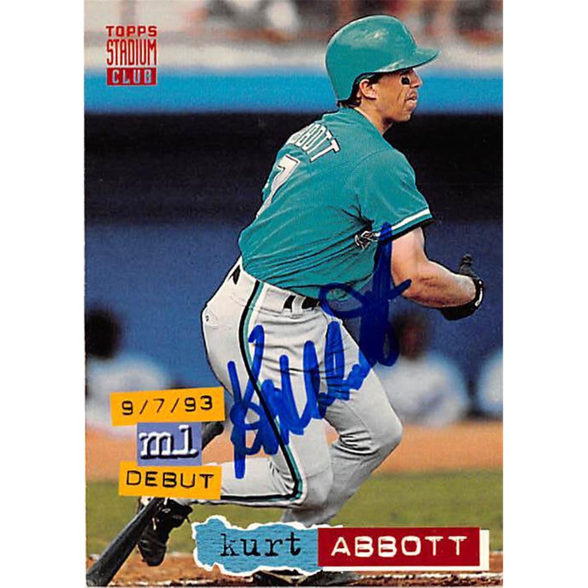 420991 Kurt Abbott Autographed Baseball Card Florida Marlins 1994 Topps Stadium Club No.588