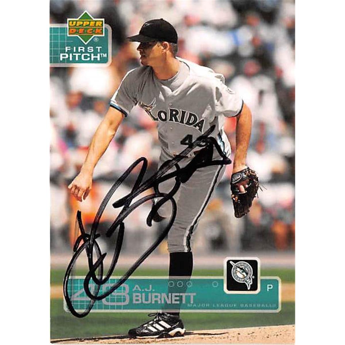 421078 A.J. Burnett Autographed Baseball Card Florida Marlins 2003 Upper Deck First Pitch No.215