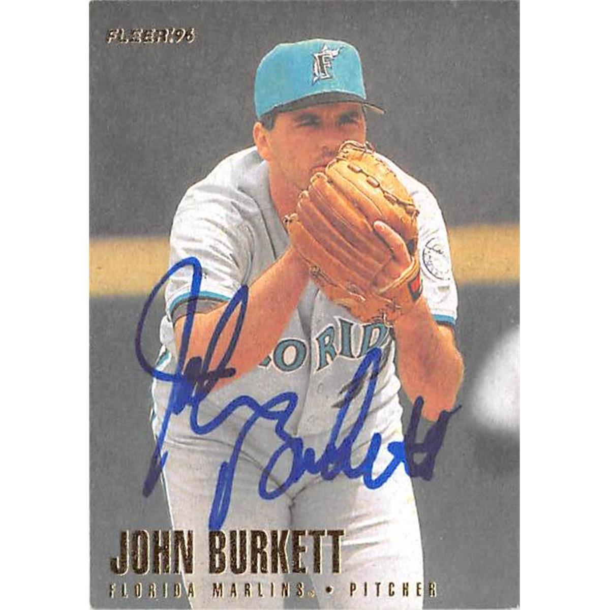 421083 John Burkett Autographed Baseball Card Florida Marlins 1996 Fleer No.383