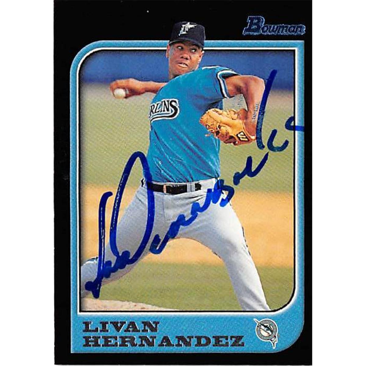 421350 Livan Hernandez Autographed Baseball Card Florida Marlins 1997 Topps Bowman No.153
