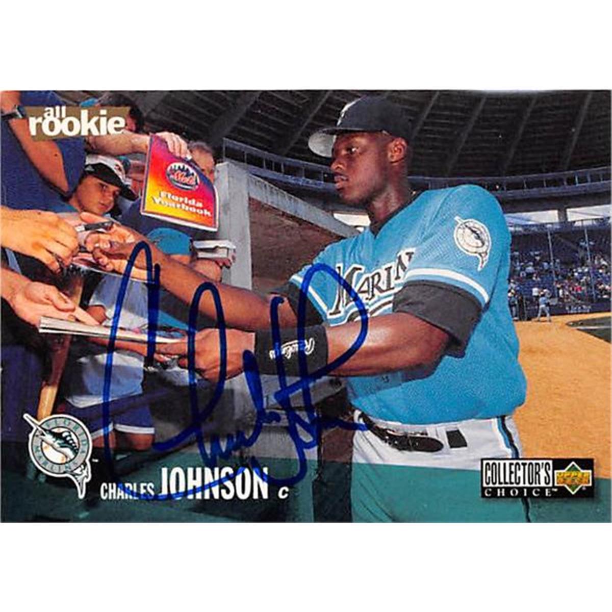 421429 Charles Johnson Autographed Baseball Card Florida Marlins SC 1996 Upper Deck No.155