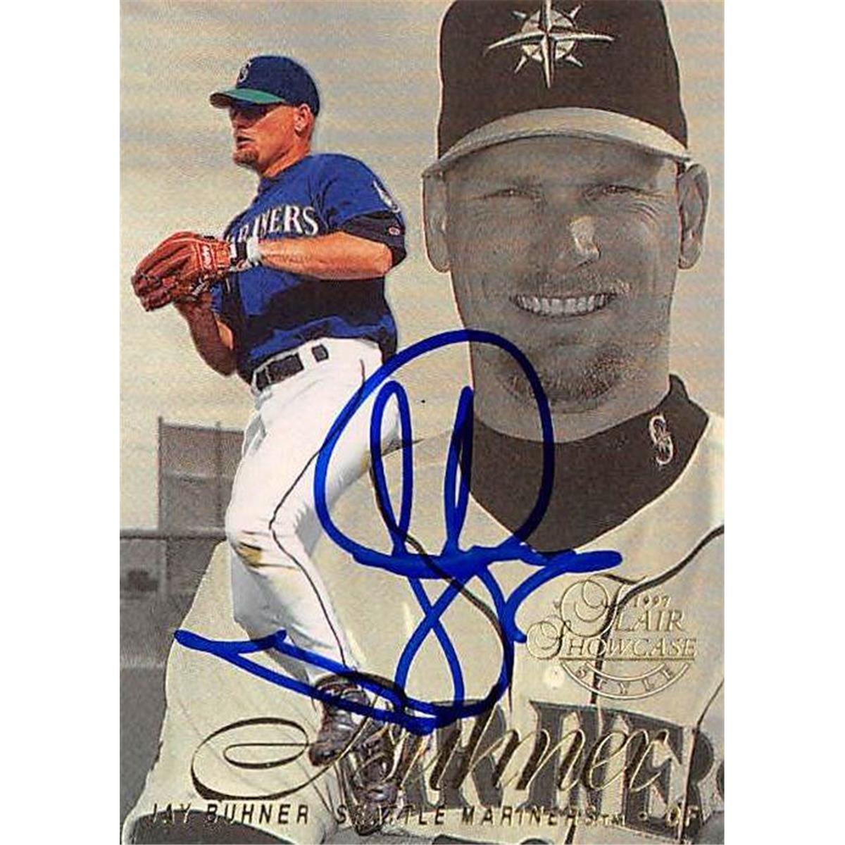 421551 Jay Buhner Autographed Baseball Card Seattle Mariners 1997 Fleer Flair Showcase Refractor No.119