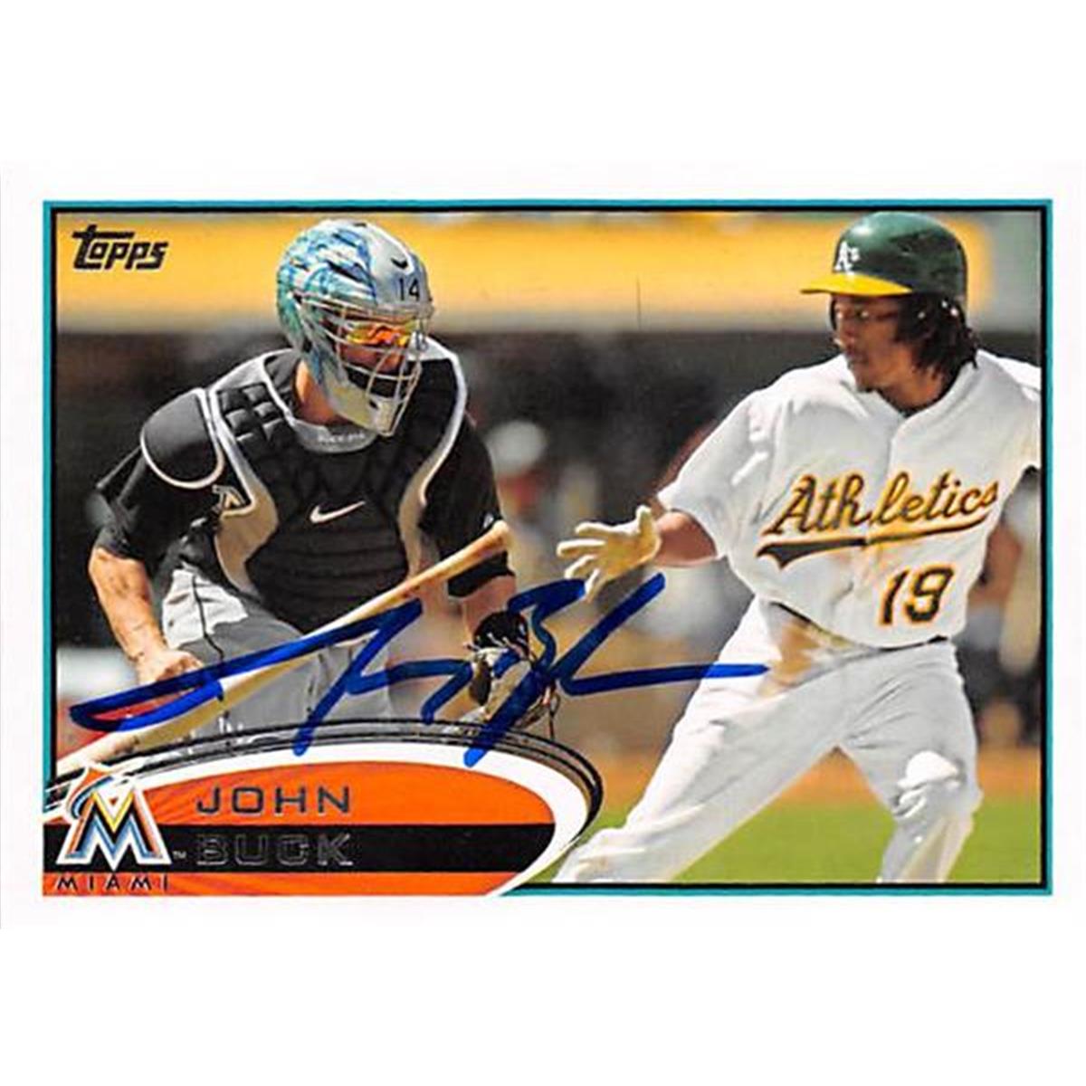 421108 John Buck Autographed Baseball Card Miami Marlins 2012 Topps No.27