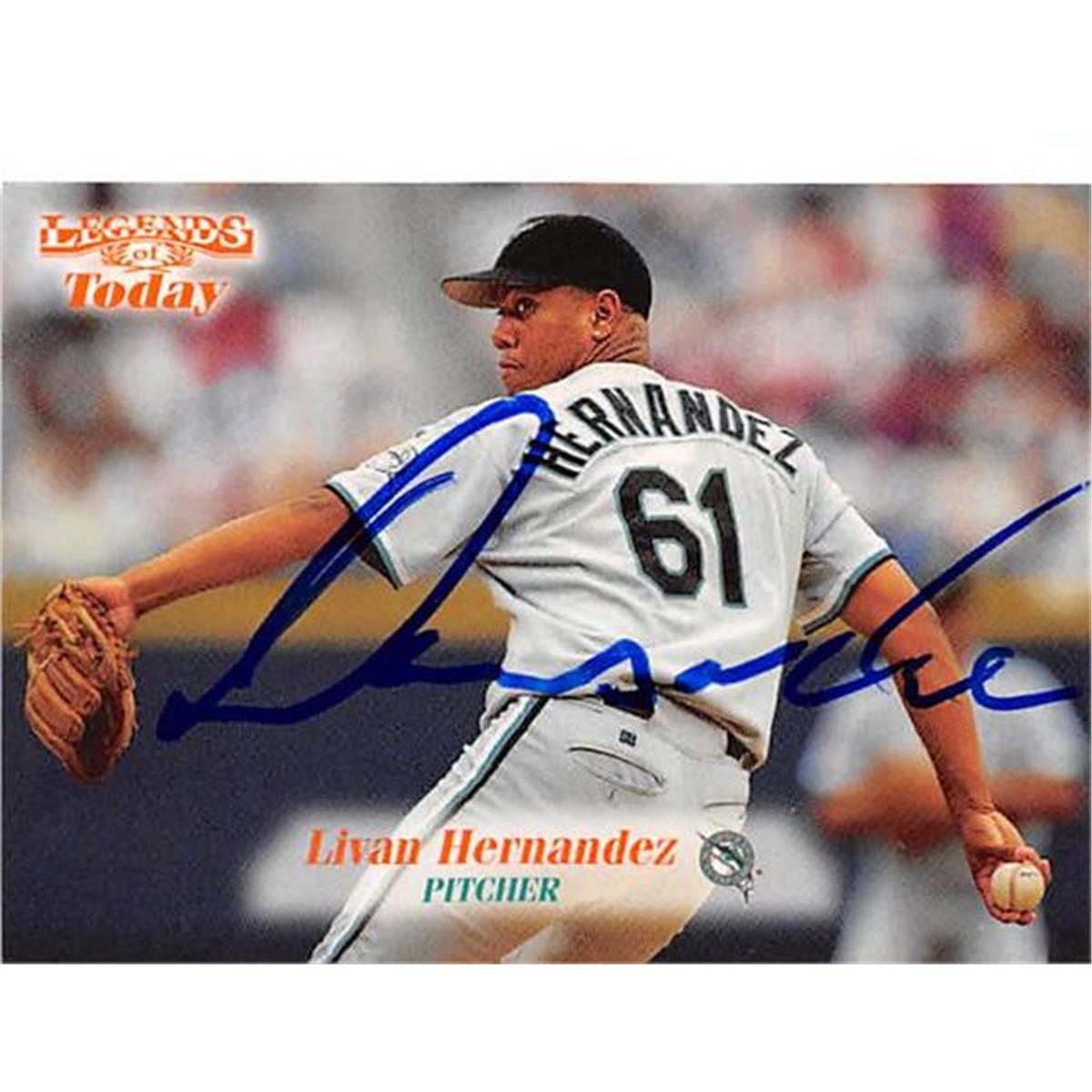421338 Livan Hernandez Autographed Baseball Card Florida Marlins 1998 Fleer Legends of Today No.91