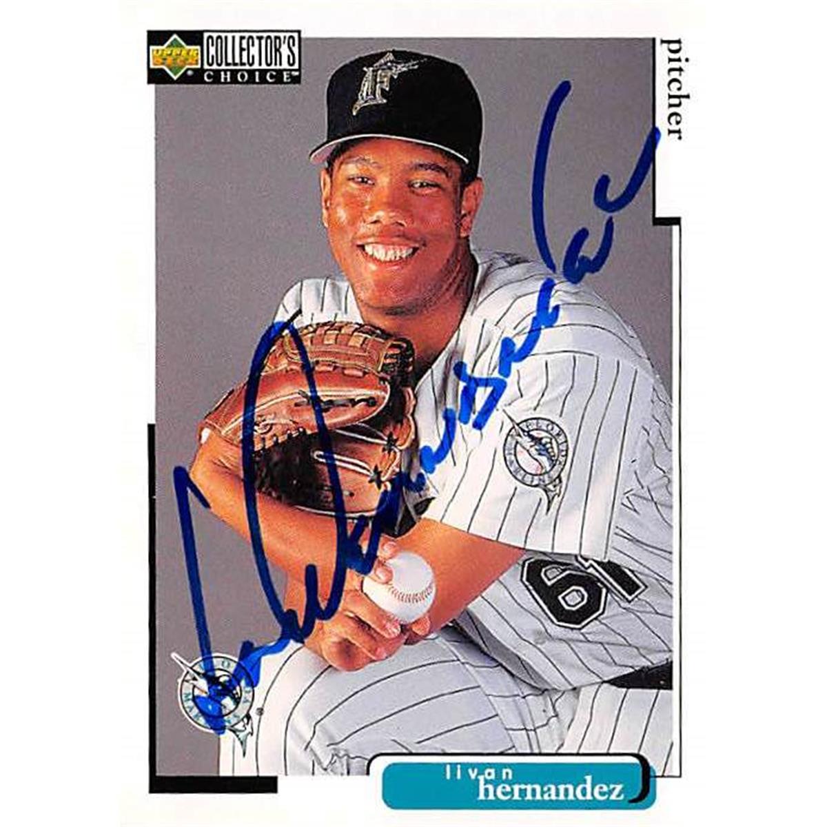 421348 Livan Hernandez Autographed Baseball Card Florida Marlins 1998 Upper Deck No.99