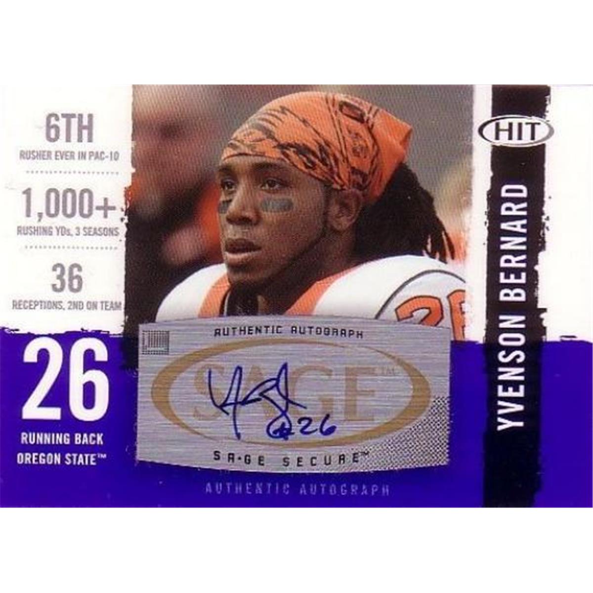 Picture of Autograph Warehouse 444596 Oregon State University 2018 Sage Hit Rookie A26 Yvenson Bernard Autographed Football Card