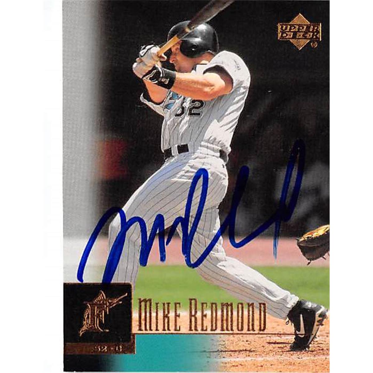 444384 Mike Redmond Autographed Baseball Card 2001 Upper Deck No. 215 for Florida Marlins