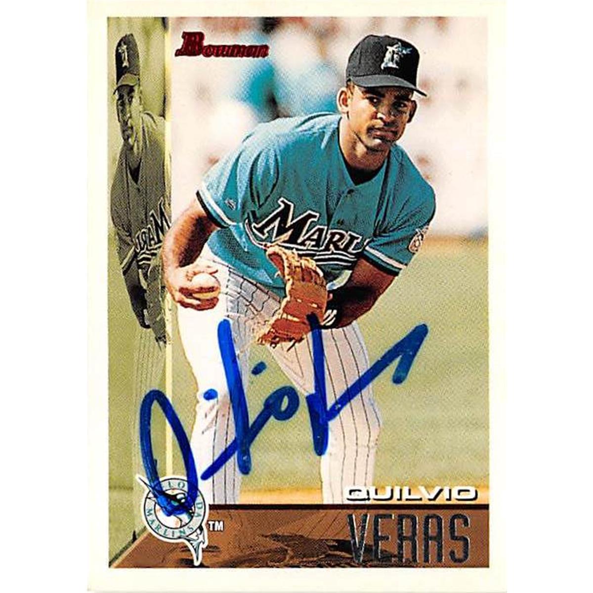 444263 Florida Marlins 1995 Topps Bowman No. 171 Quilvio Veras Autographed Baseball Card